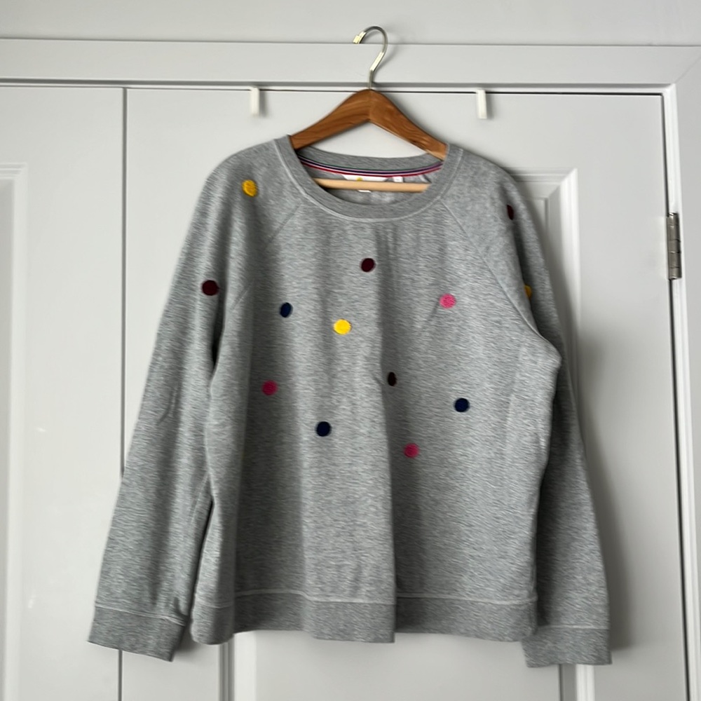 Grey Boden sweatshirt with rainbow textured polka dots. Super soft inside.